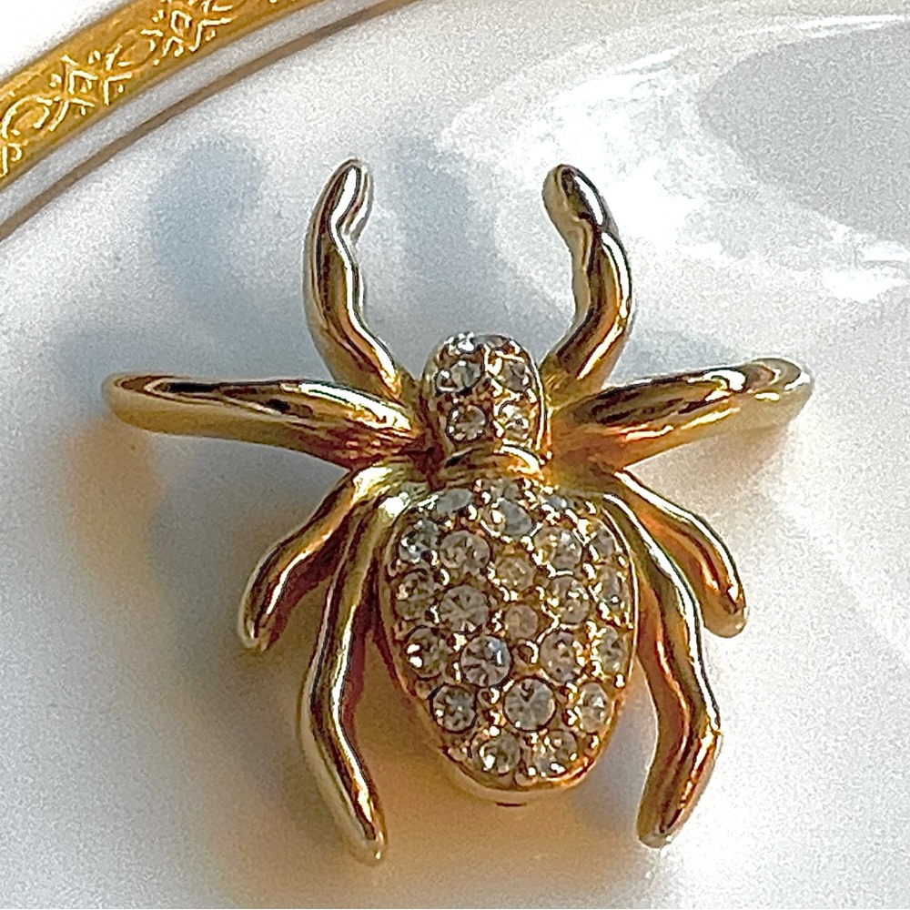 SWAROVSKI Crystal Vintage Embellished Gold Crystal Spider Brooch Stamped